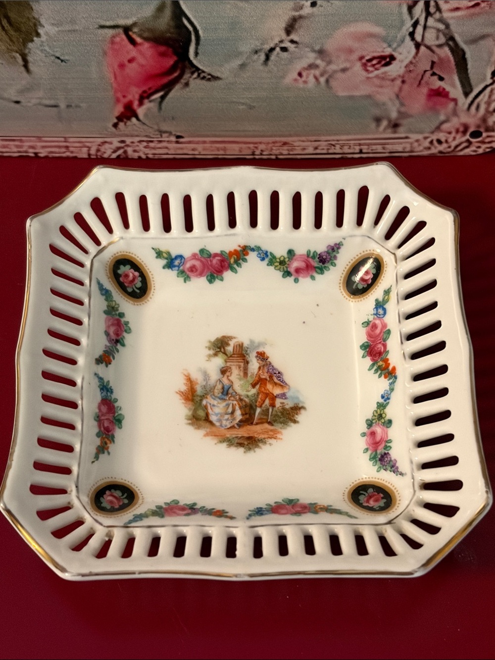 Schumann Victoria porcelain lattice rim dish floral courting couple Victorian 2